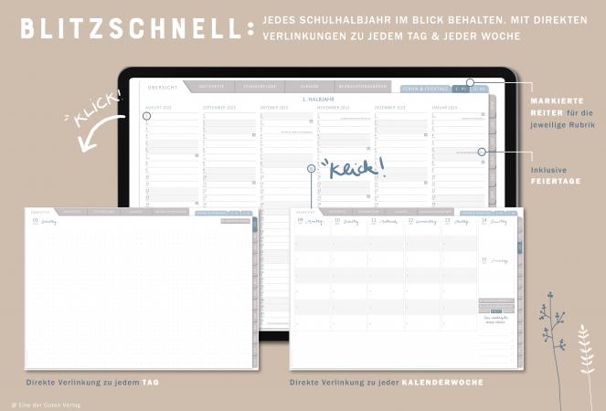 Schulhalbjahre in der Übersicht mit Verlinkung zu den Kalenderwochen, Jahresübersicht Lehrerplaner für Schuljahr 2023 2024, Terminkalender zum Download